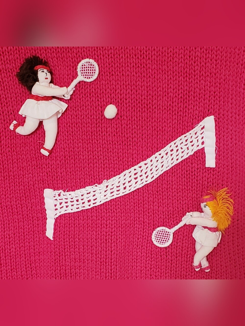 Vintage 1980s Raquel's Collection handmade knit crochet tennis 3D cotton sweater - Picture 2 of 9